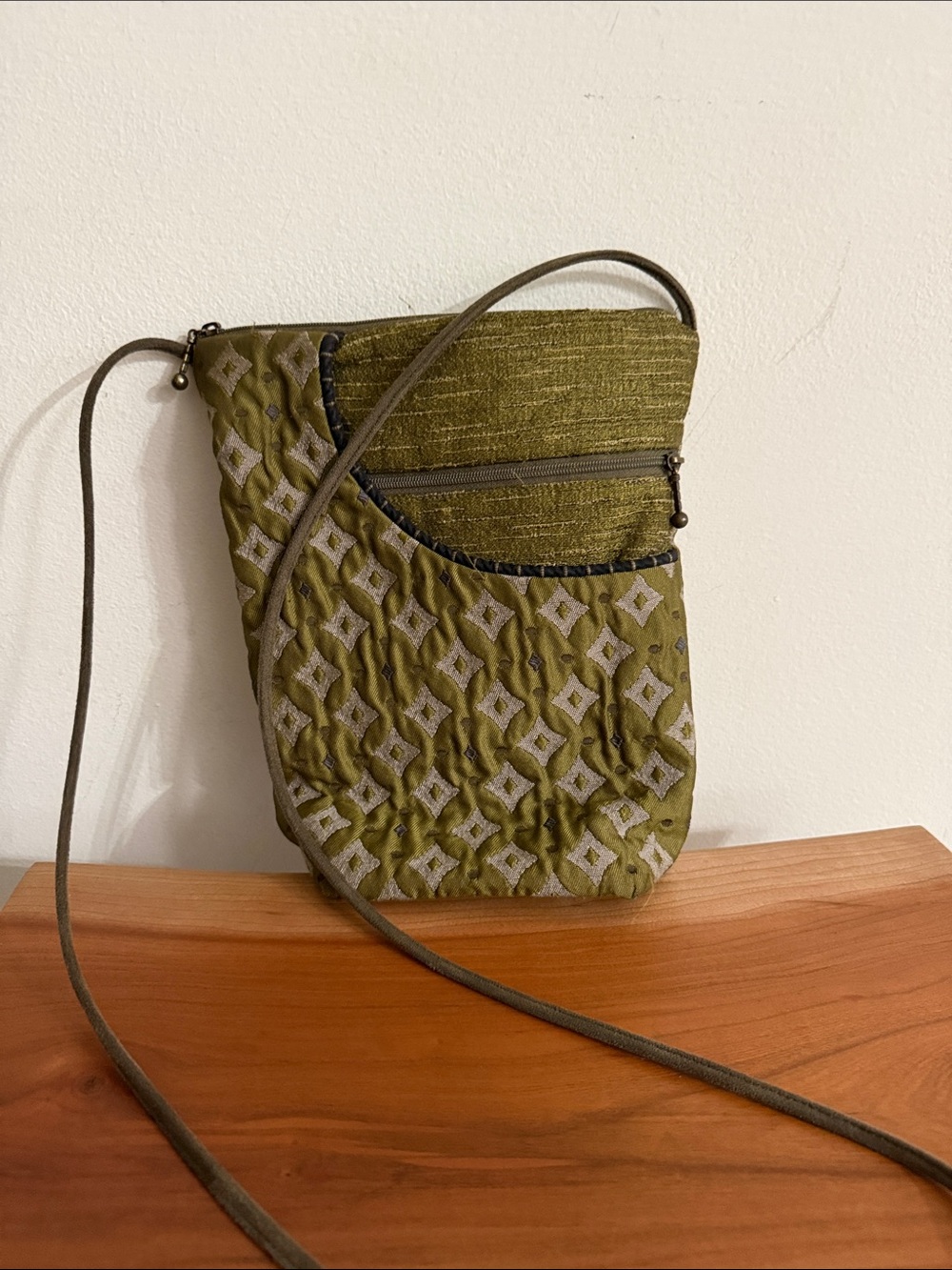 Olive Patterned upholstery Crossbody Bag with Zip Pocket